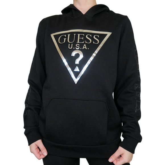 Guess Metallic Silver Foil Embossed Triangle Logo Hoodie - Picture 1 of 9